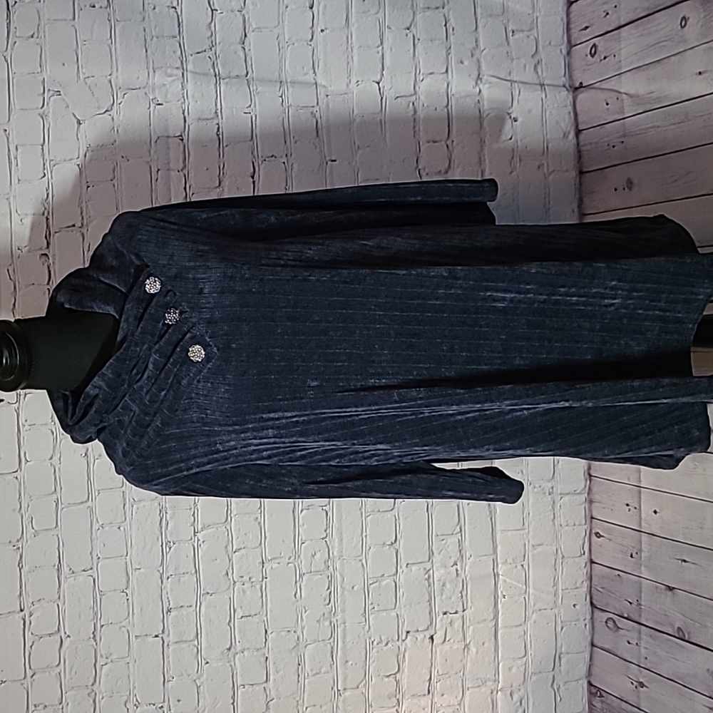 Indigo Soul 2XL Midnight Blue Long Sleeve Dress Silver Button Funnel Neck